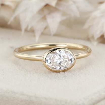 East West Bezel Set Oval Cut Moissanite Engagement Ring 14K Yellow Gold Wedding Ring Bezel Solitaire Ring