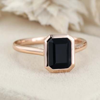 2.0ct Emerald Cut Black Onyx Engagement Ring Bezel Set Ring Black Gemstone Ring Vintage Rose Gold Bridal Wedding Promise Anniversary Gift Ring