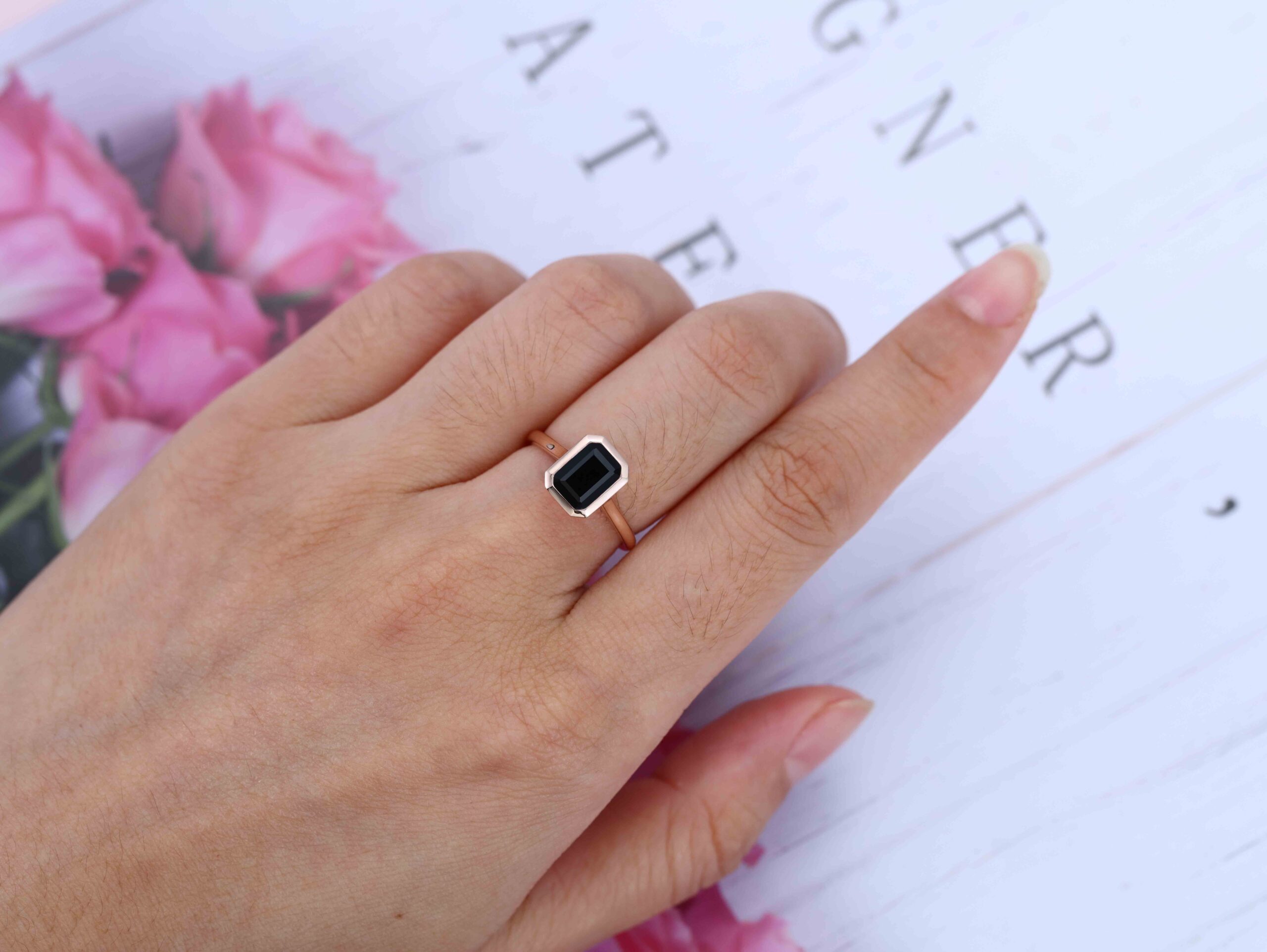 2.0ct Emerald Cut Black Onyx Engagement Ring Bezel Set Ring Black Gemstone Ring Vintage Rose Gold Bridal Wedding Promise Anniversary Gift Ring
