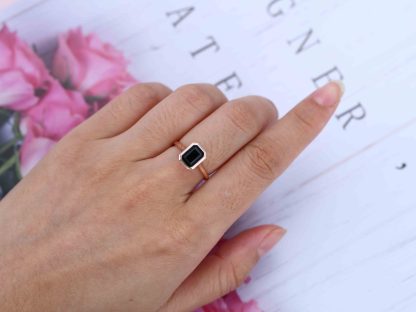 2.0ct Emerald Cut Black Onyx Engagement Ring Bezel Set Ring Black Gemstone Ring Vintage Rose Gold Bridal Wedding Promise Anniversary Gift Ring