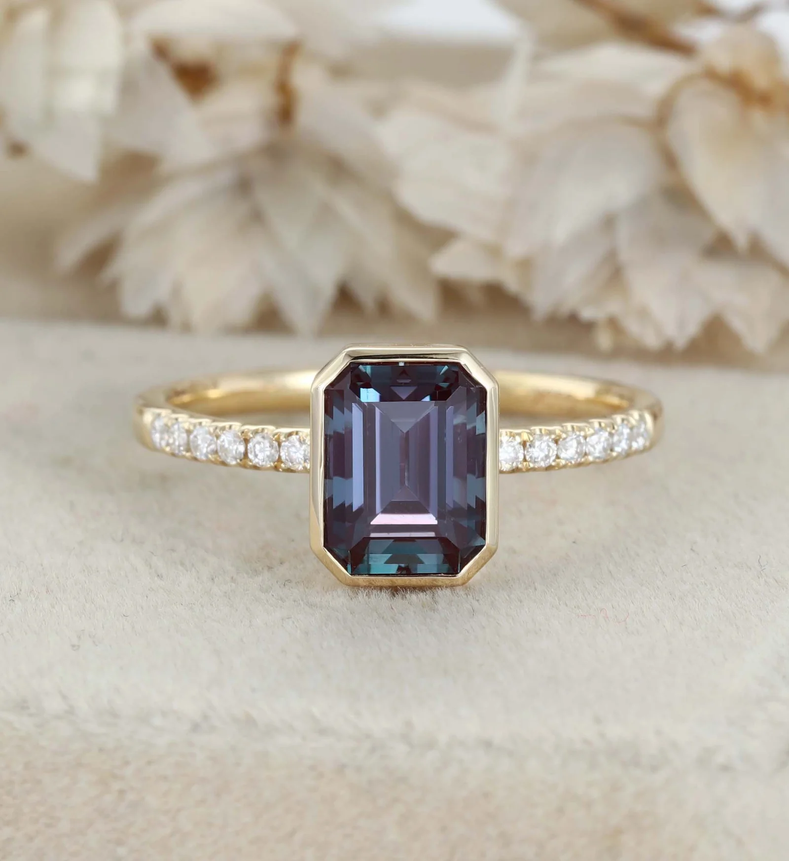 Emerald Cut Lab Alexandrite Rings 14K Yellow Gold Half Pave Bezel Engagement Rings