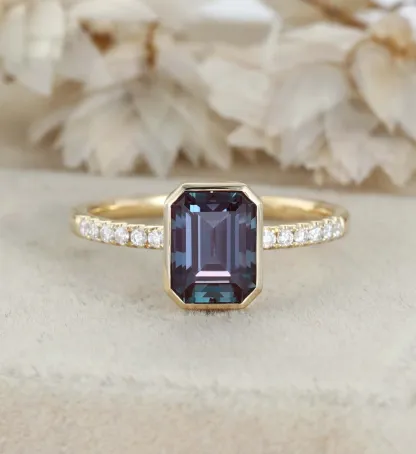 Emerald Cut Lab Alexandrite Rings 14K Yellow Gold Half Pave Bezel Engagement Rings