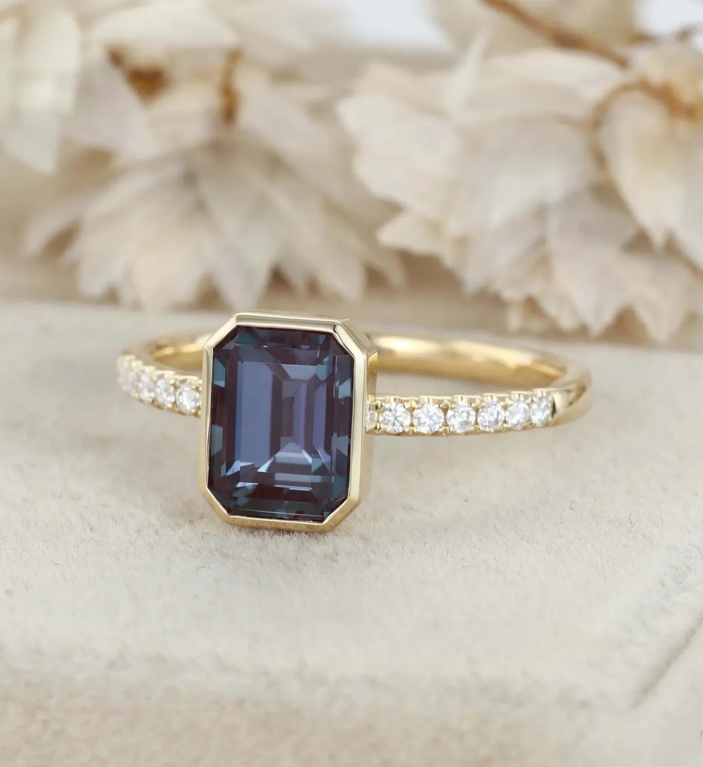 Emerald Cut Lab Alexandrite Rings 14K Yellow Gold Half Pave Bezel Engagement Rings