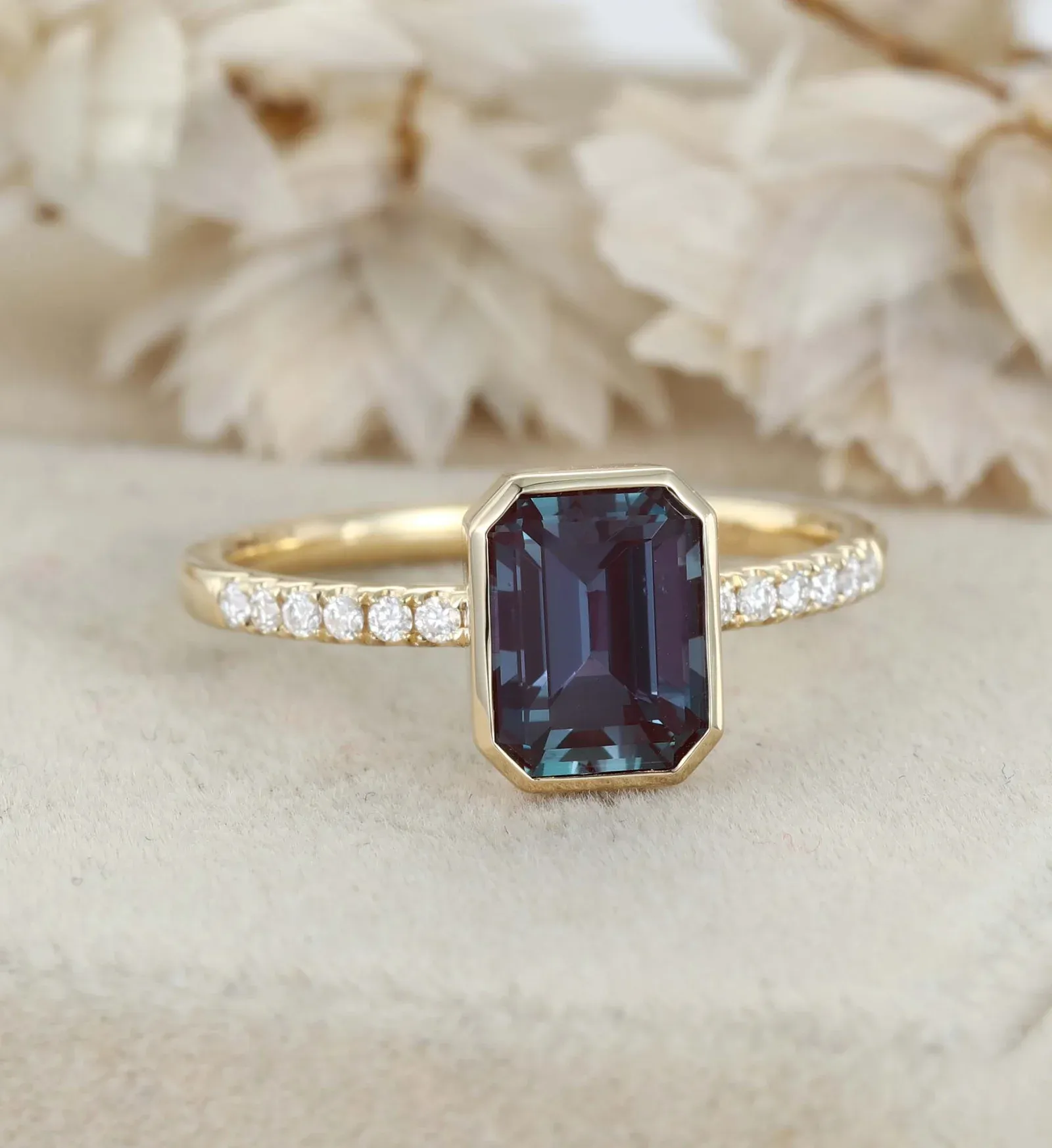Emerald Cut Lab Alexandrite Rings 14K Yellow Gold Half Pave Bezel Engagement Rings