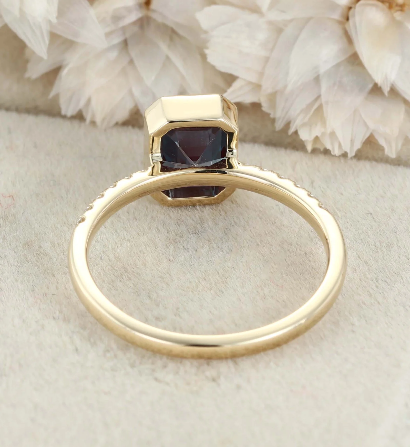 Emerald Cut Lab Alexandrite Rings 14K Yellow Gold Half Pave Bezel Engagement Rings