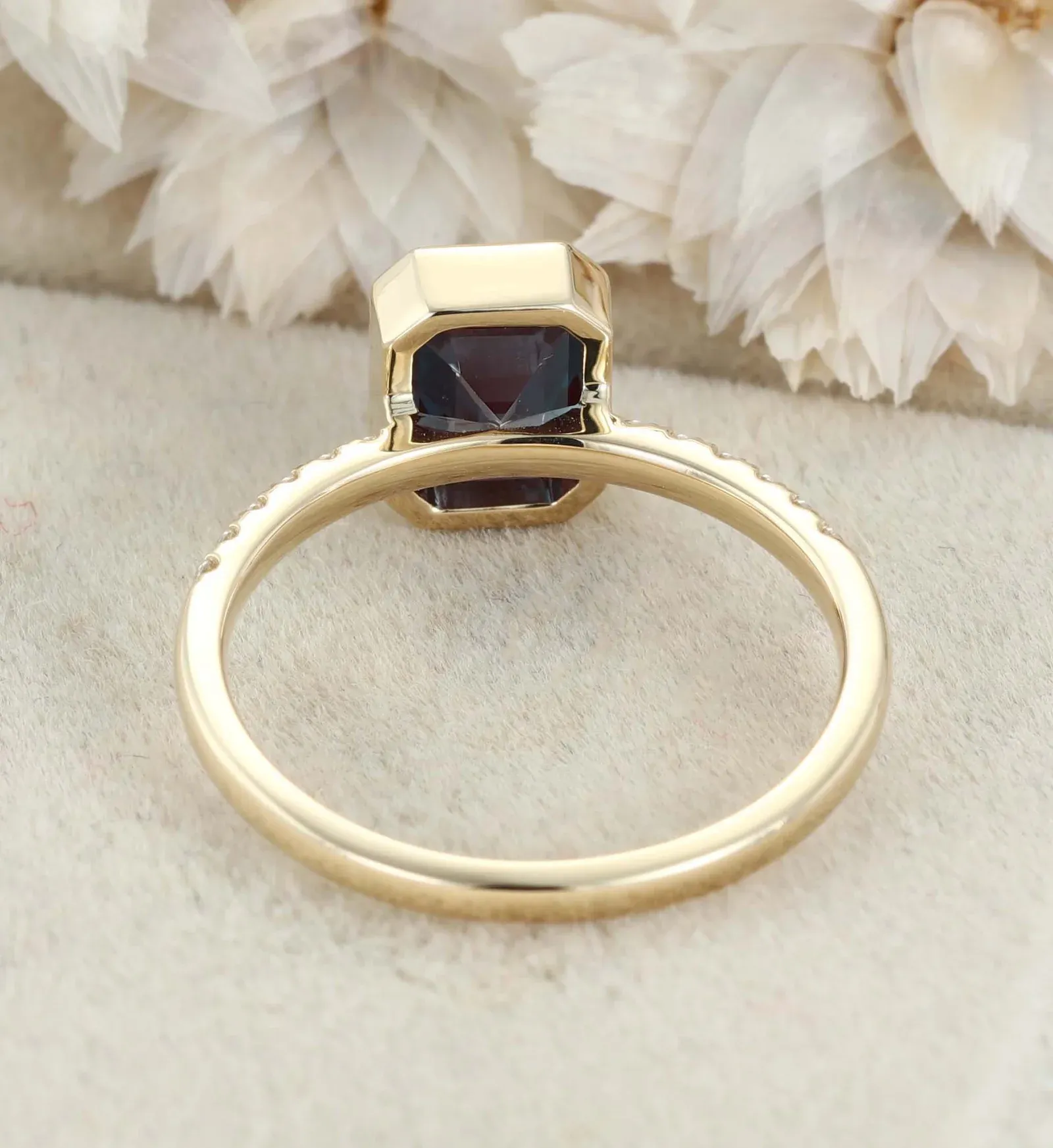 Emerald Cut Lab Alexandrite Rings 14K Yellow Gold Half Pave Bezel Engagement Rings