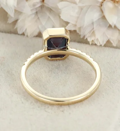 Emerald Cut Lab Alexandrite Rings 14K Yellow Gold Half Pave Bezel Engagement Rings