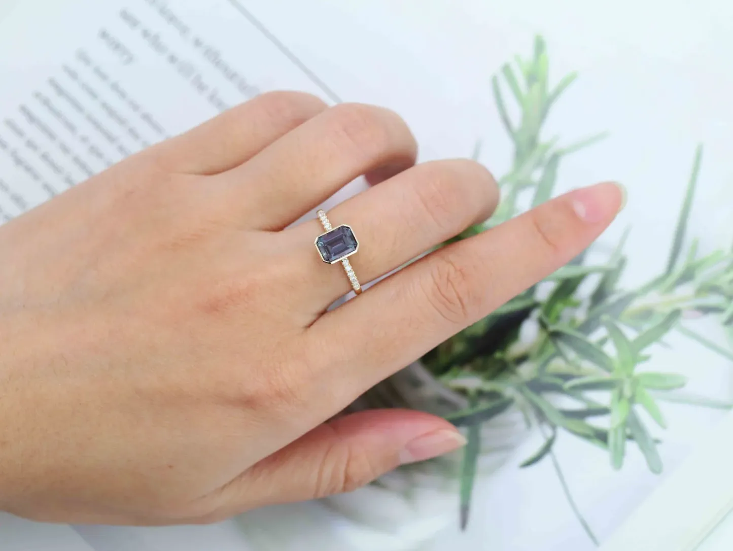 Emerald Cut Lab Alexandrite Rings 14K Yellow Gold Half Pave Bezel Engagement Rings