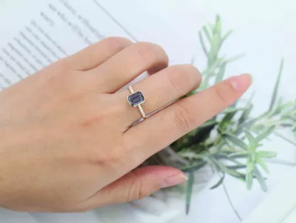 Emerald Cut Lab Alexandrite Rings 14K Yellow Gold Half Pave Bezel Engagement Rings