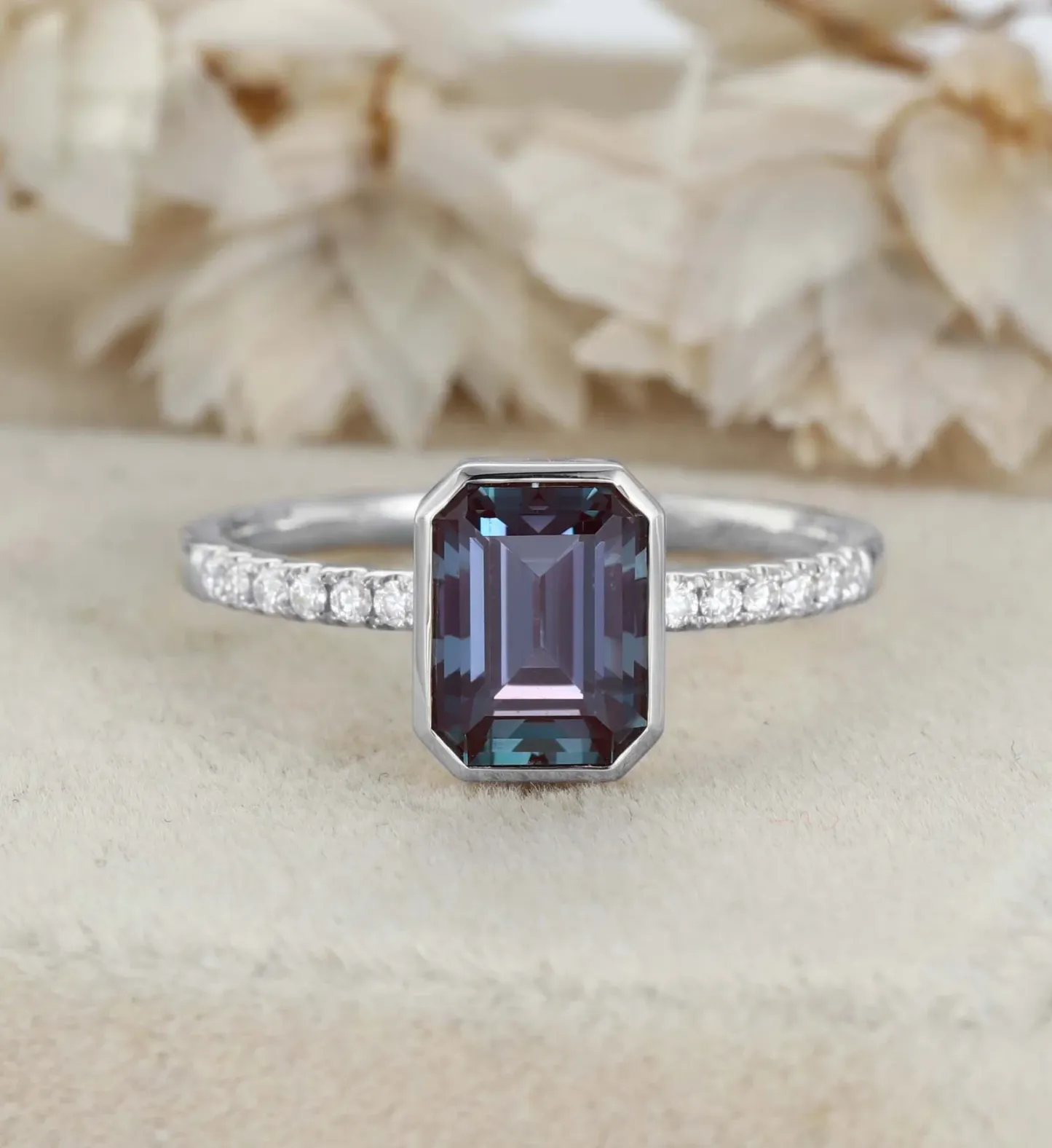 Emerald Cut Lab Alexandrite Rings 14K Yellow Gold Half Pave Bezel Engagement Rings