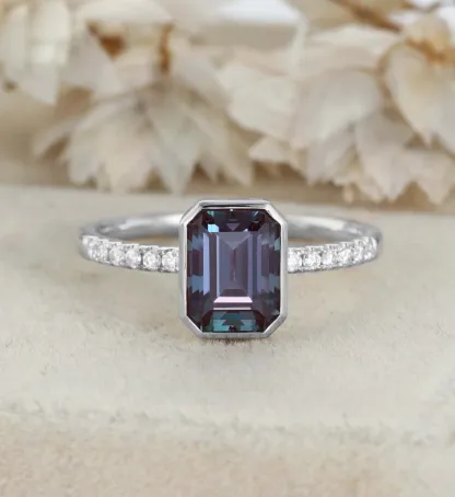 Emerald Cut Lab Alexandrite Rings 14K Yellow Gold Half Pave Bezel Engagement Rings
