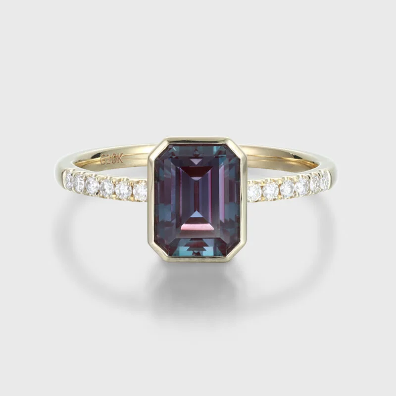Emerald Cut Lab Alexandrite Rings 14K Yellow Gold Half Pave Bezel Engagement Rings