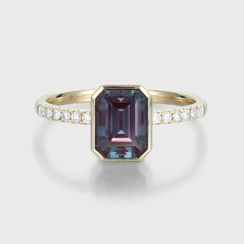 Emerald Cut Lab Alexandrite Rings 14K Yellow Gold Half Pave Bezel Engagement Rings