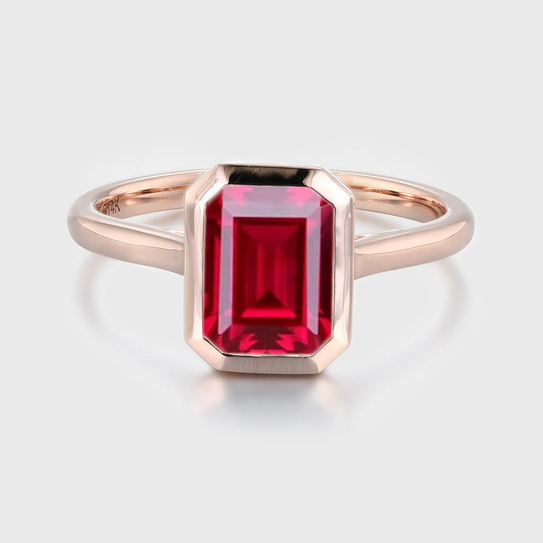 Emerald Cut Lab Grown Ruby Engagement Ring Rose Gold Bezel Setting Solitaire Ring July Birthstone