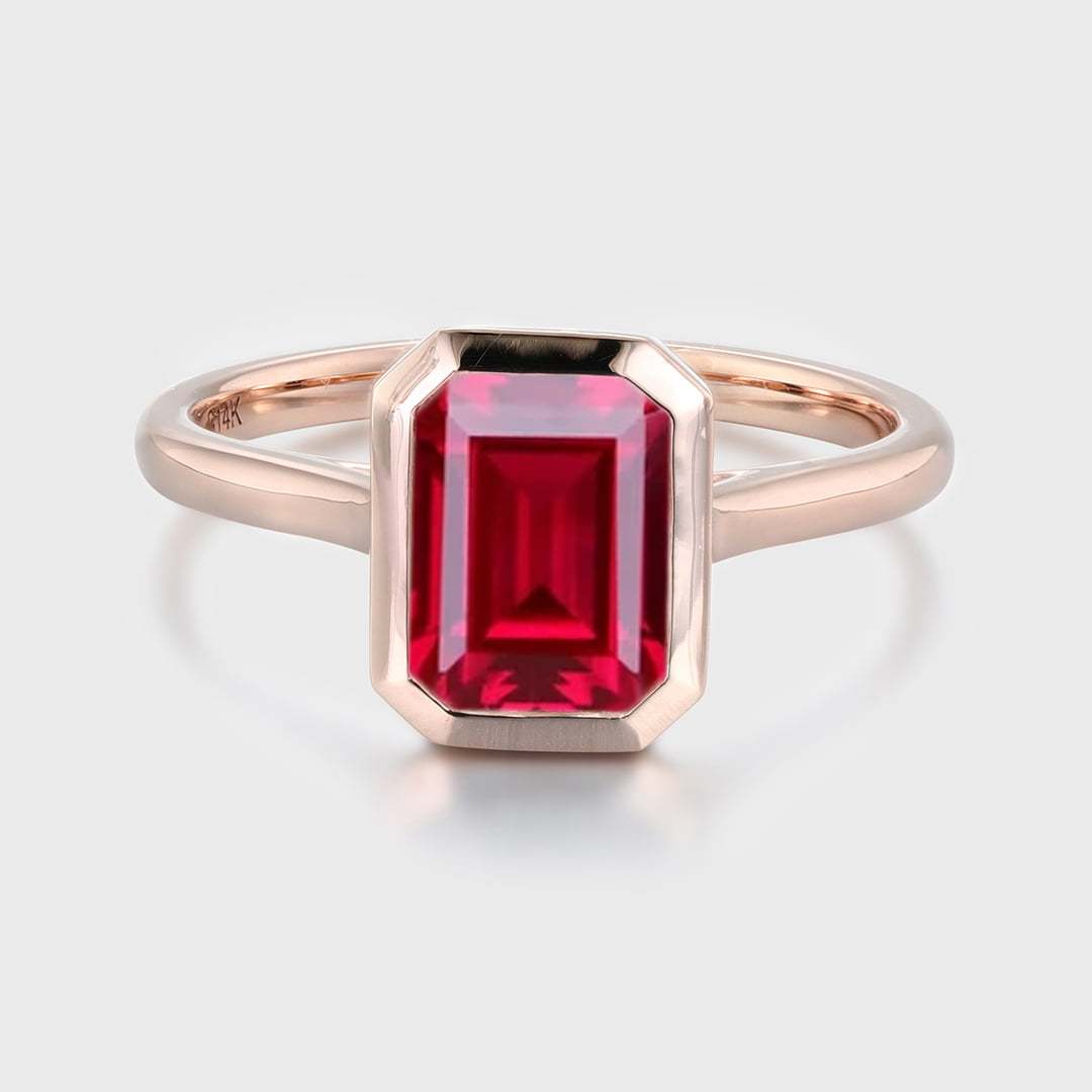 Emerald Cut Lab Grown Ruby Engagement Ring Rose Gold Bezel Setting Solitaire Ring July Birthstone