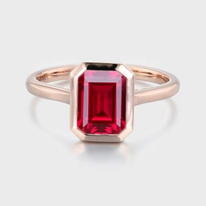 Emerald Cut Lab Grown Ruby Engagement Ring Rose Gold Bezel Setting Solitaire Ring July Birthstone