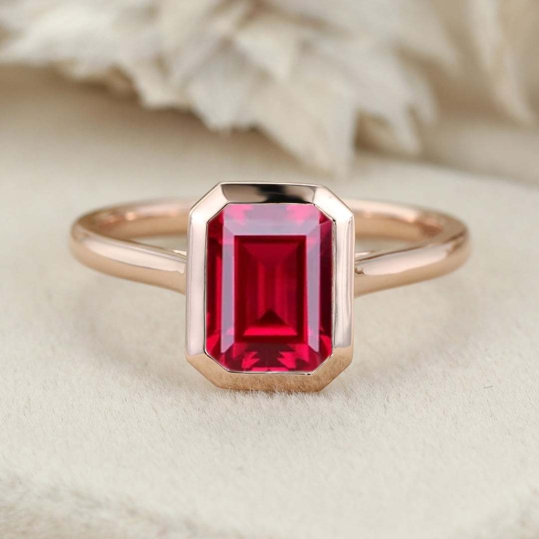 Emerald Cut Lab Ruby Engagement Ring Rose Gold Bezel Setting Ruby Ring Emerald Cut Solitaire Ring July Birthstone Anniversary Gift For Her