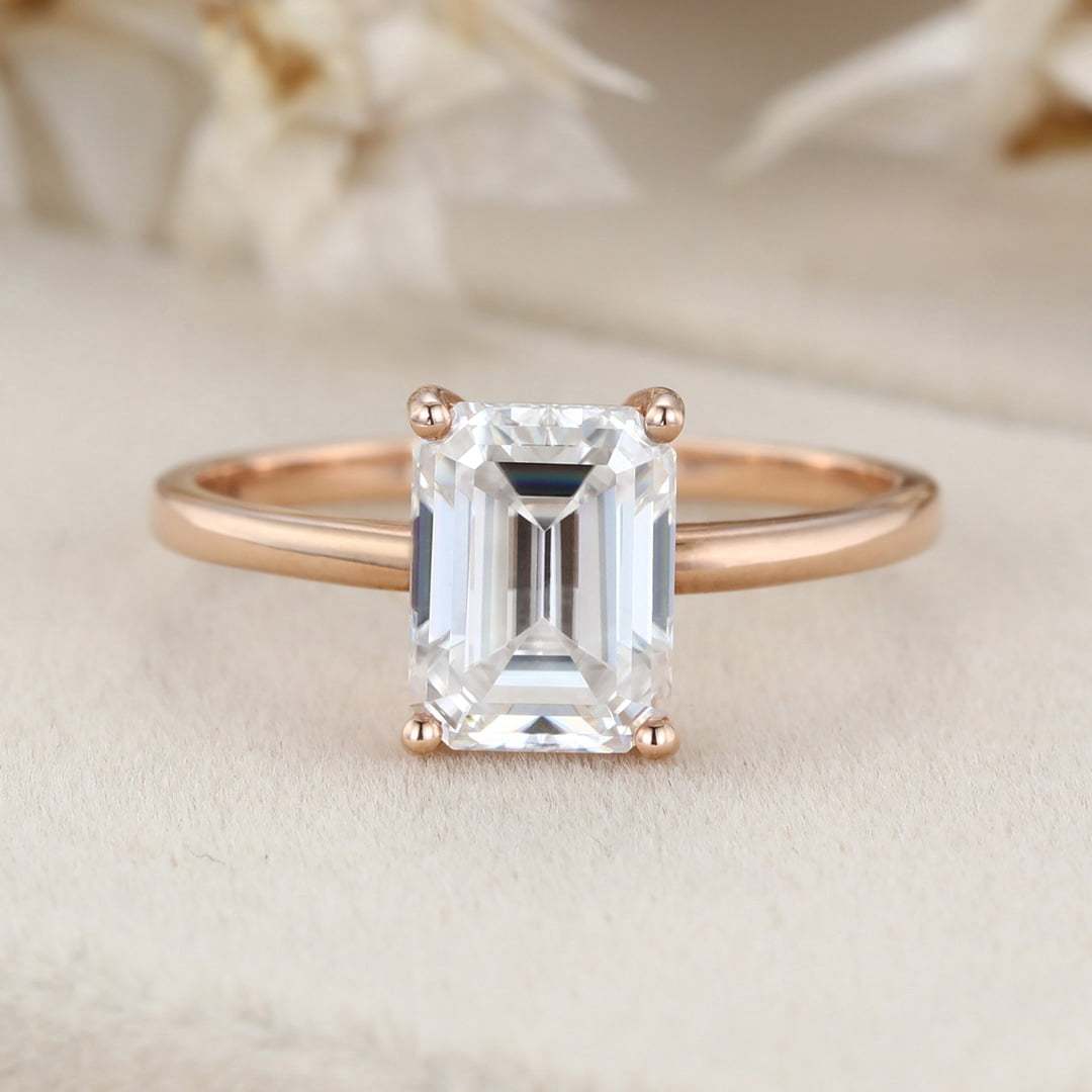2 Carat Emerald Cut Moissanite Solitaire Engagement Ring In 14k Solid Gold