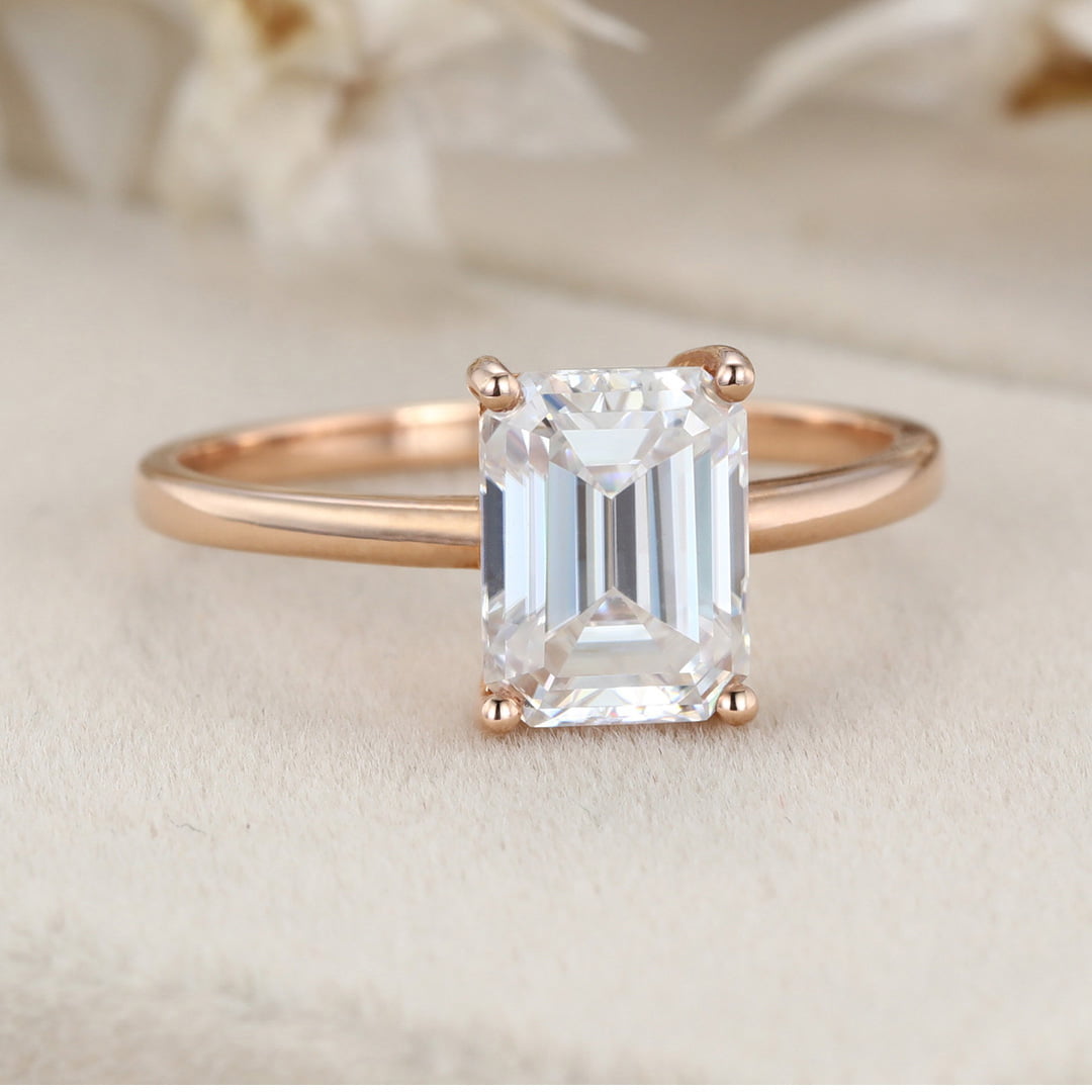 2 Carat Emerald Cut Moissanite Solitaire Engagement Ring In 14k Solid Gold