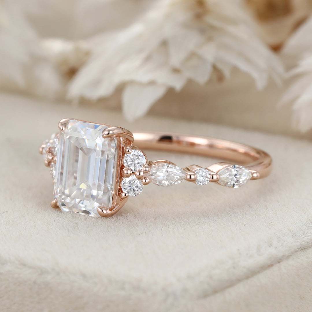 Emerald Cut Moissanite Engagement Ring Vintage Rose Gold Diamond Cluster Ring Art Deco Bridal Promise Anniversary Ring