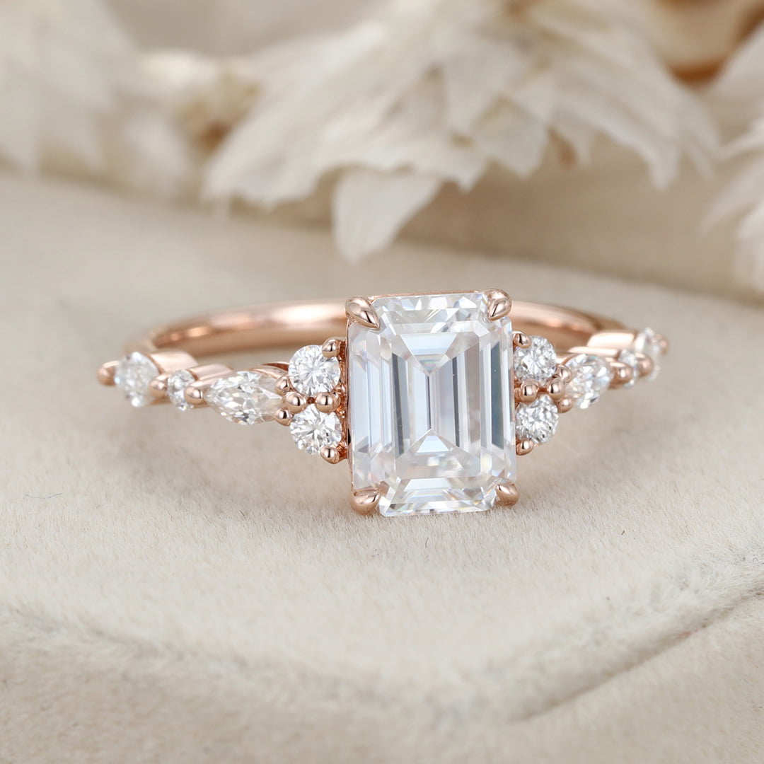 Emerald Cut Moissanite Engagement Ring Vintage Rose Gold Diamond Cluster Ring Art Deco Bridal Promise Anniversary Ring