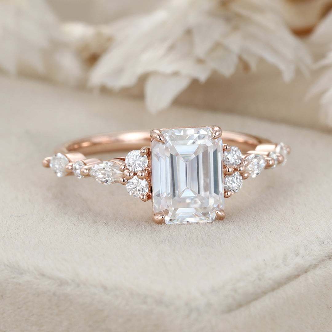 Emerald Cut Moissanite Engagement Ring Vintage Rose Gold Diamond Cluster Ring Art Deco Bridal Promise Anniversary Ring