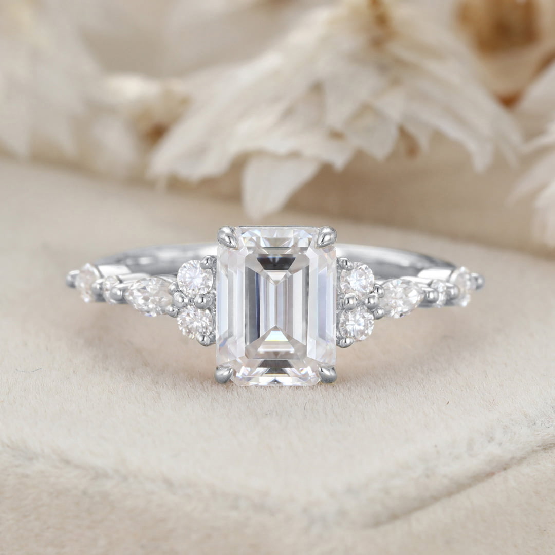 Emerald Cut Moissanite Engagement Ring Vintage Rose Gold Diamond Cluster Ring Art Deco Bridal Promise Anniversary Ring