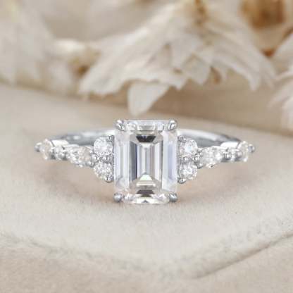 Emerald Cut Moissanite Engagement Ring Vintage Rose Gold Diamond Cluster Ring Art Deco Bridal Promise Anniversary Ring