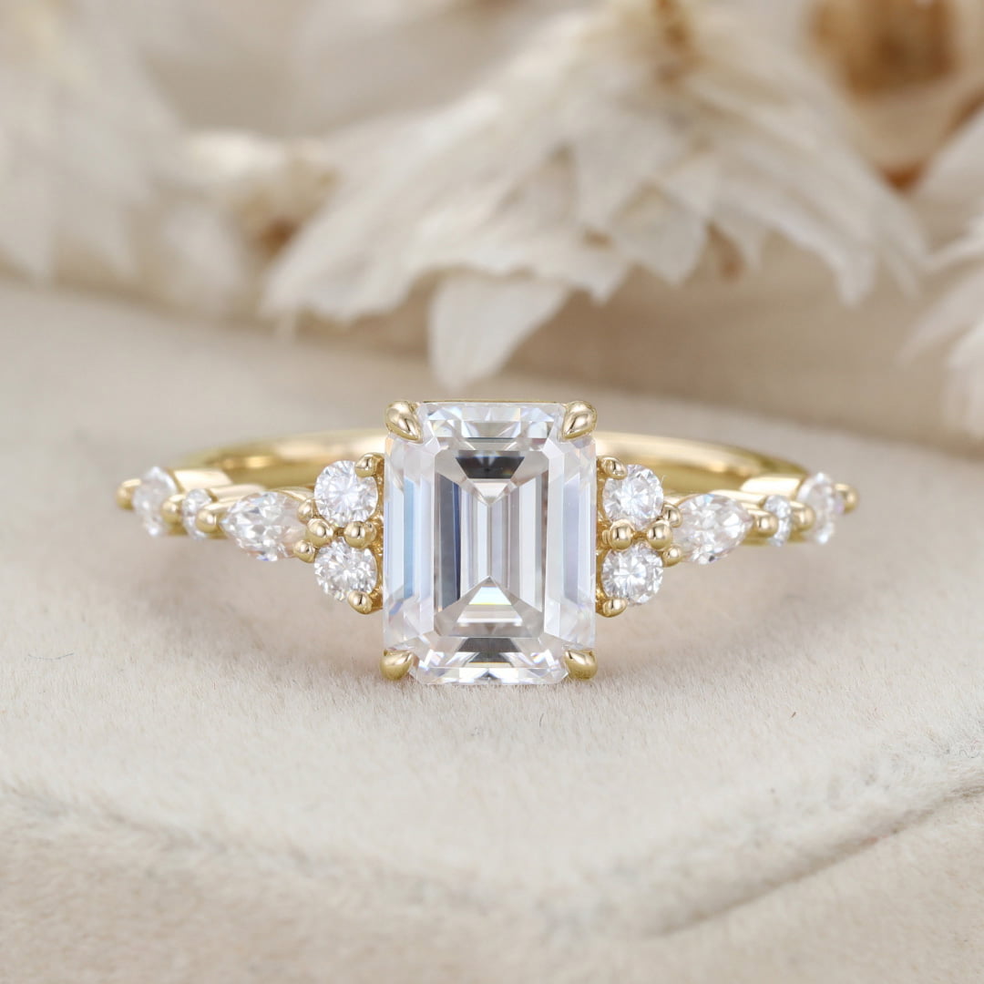 Emerald Cut Moissanite Engagement Ring Vintage Rose Gold Diamond Cluster Ring Art Deco Bridal Promise Anniversary Ring