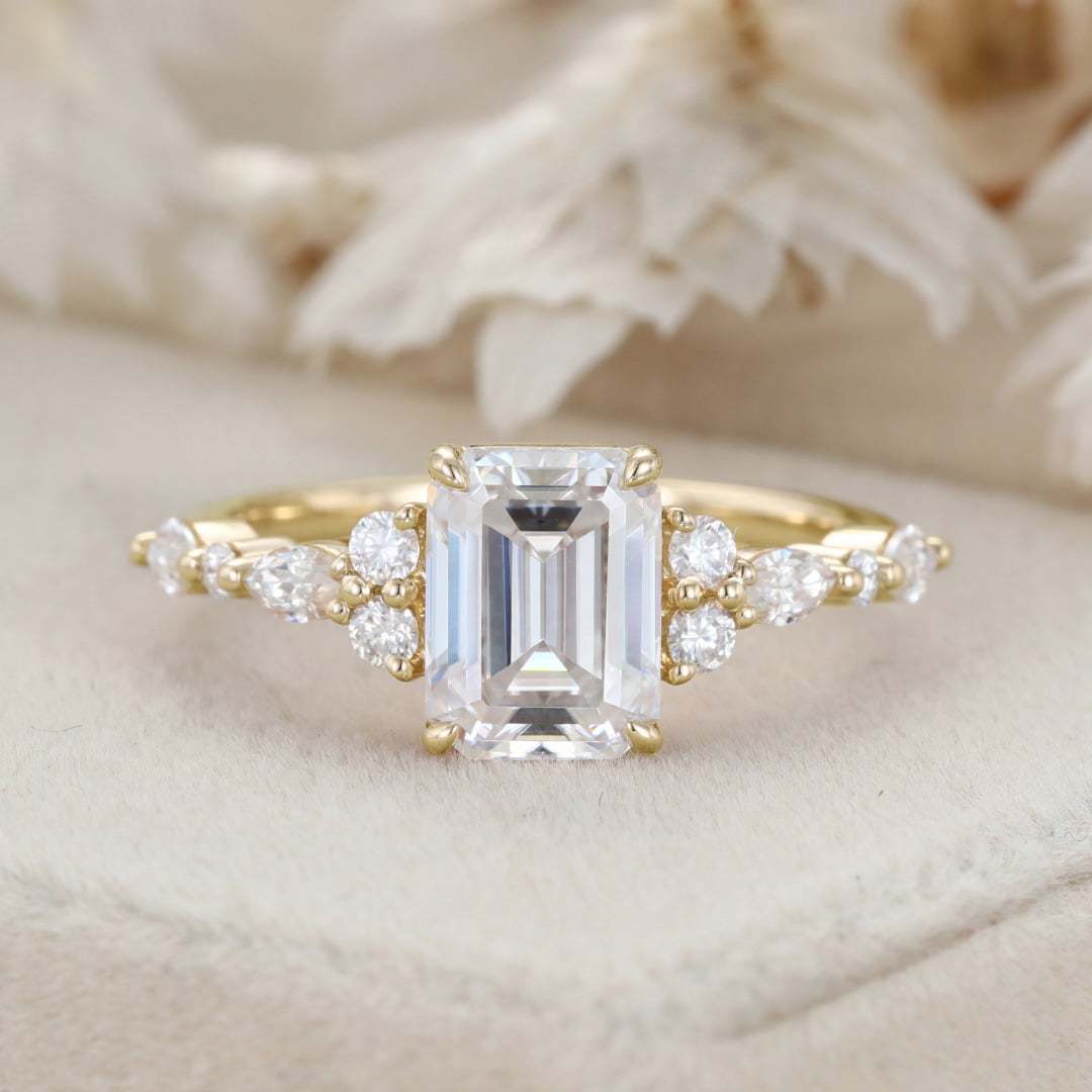 Emerald Cut Moissanite Engagement Ring Vintage Rose Gold Diamond Cluster Ring Art Deco Bridal Promise Anniversary Ring