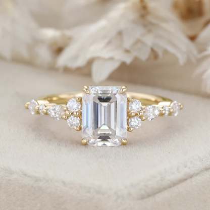 Emerald Cut Moissanite Engagement Ring Vintage Rose Gold Diamond Cluster Ring Art Deco Bridal Promise Anniversary Ring