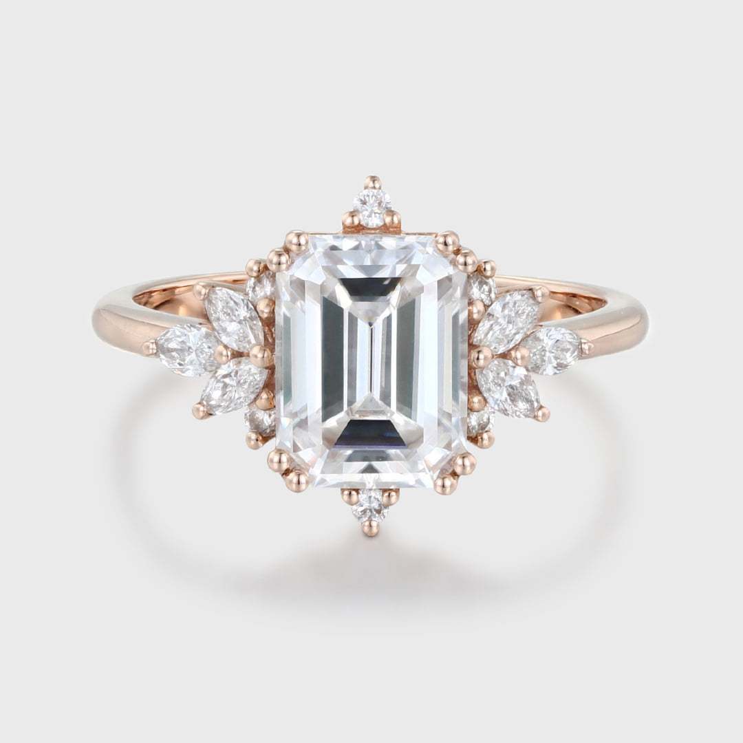 Emerald Cut Moissanite Engagement Ring Vintage Rose Gold Diamond Wedding Bridal Gift For Her