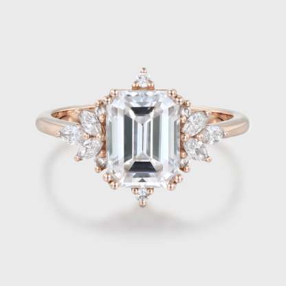 Emerald Cut Moissanite Engagement Ring Vintage Rose Gold Diamond Wedding Bridal Gift For Her