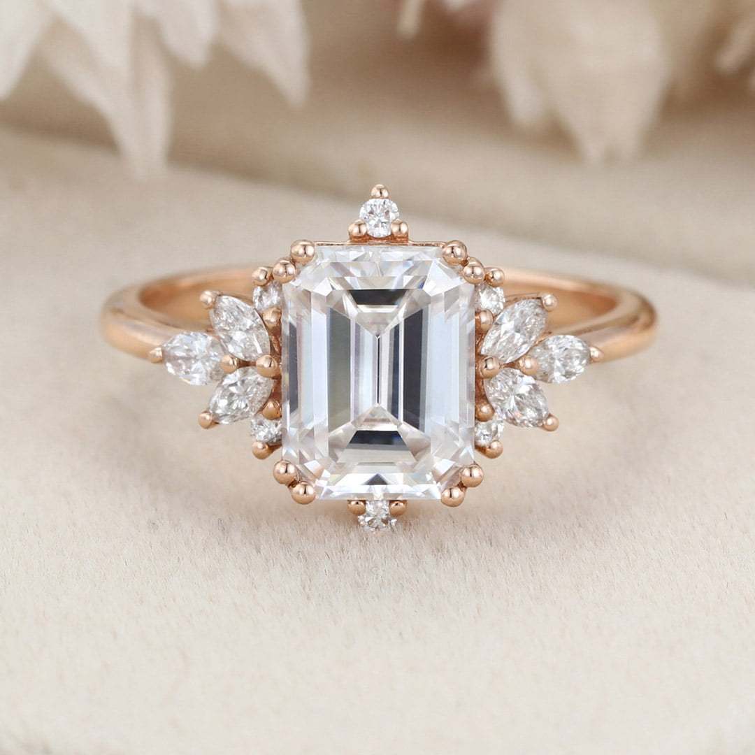 Emerald Cut Moissanite Engagement Ring Vintage Rose Gold Diamond Wedding Bridal Gift For Her