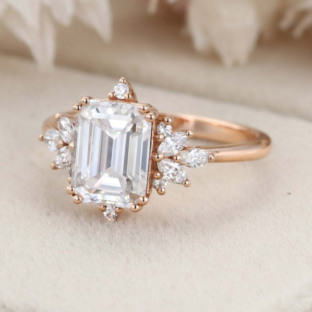 Emerald Cut Moissanite Engagement Ring Vintage Rose Gold Diamond Wedding Bridal Gift For Her