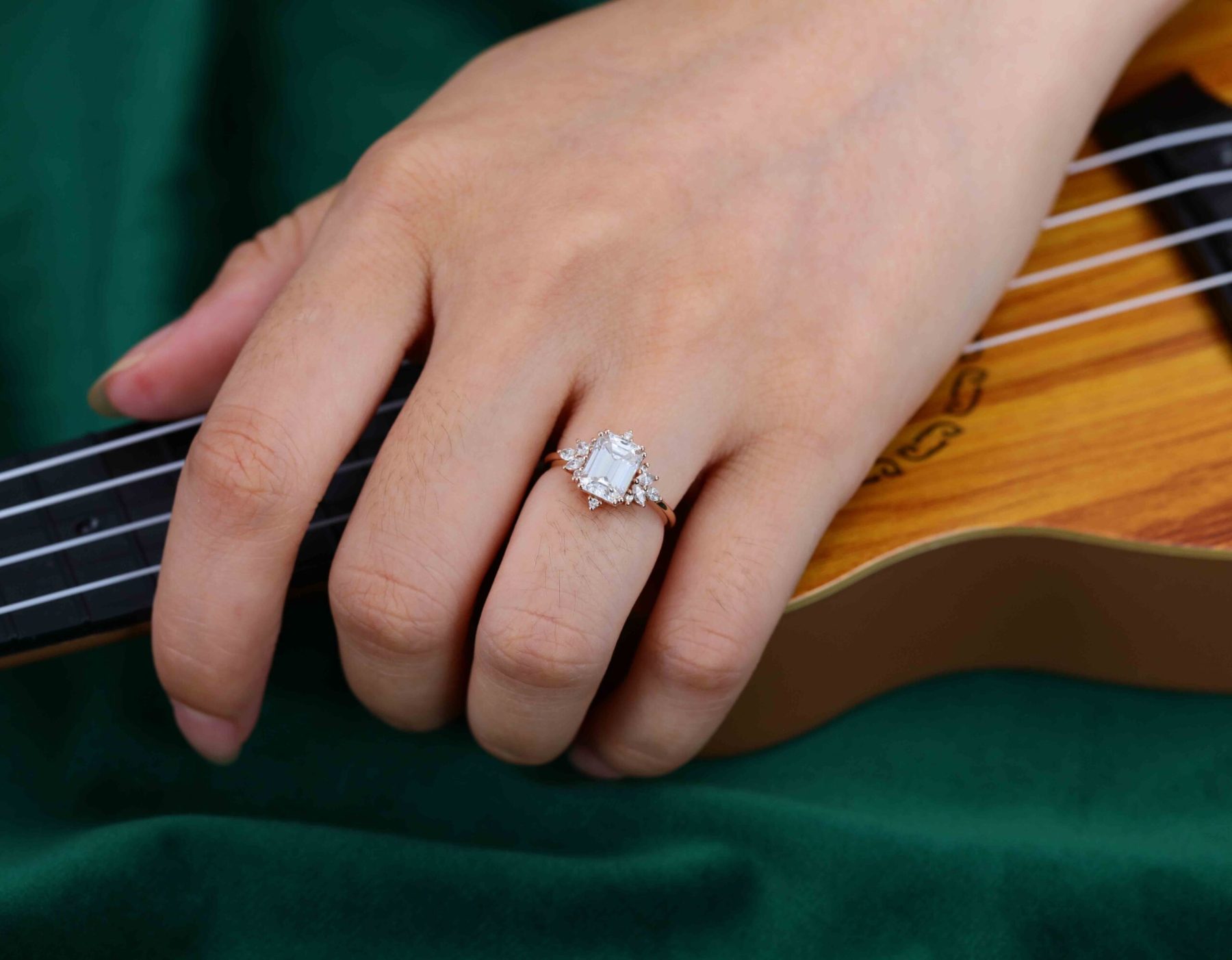 Emerald Cut Moissanite Engagement Ring Vintage Rose Gold Diamond Wedding Bridal Gift For Her
