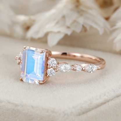 Emerald Cut Moonstone Engagement Ring Vintage 14K Solid Gold Marquise Diamond Cluster Ring Art deco Promise Gift For Her