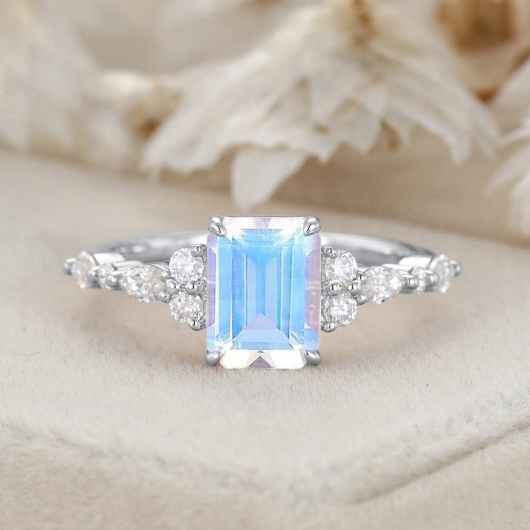 Emerald Cut Moonstone Engagement Ring Vintage 14K Solid Gold Marquise Diamond Cluster Ring Art deco Promise Gift For Her