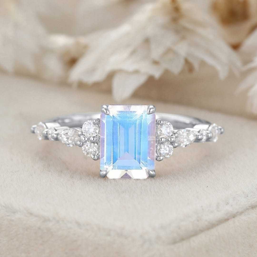 Emerald Cut Moonstone Engagement Ring Vintage 14K Solid Gold Marquise Diamond Cluster Ring Art deco Promise Gift For Her