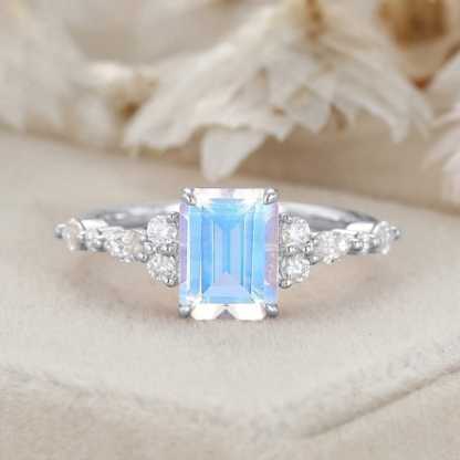 Emerald Cut Moonstone Engagement Ring Vintage 14K Solid Gold Marquise Diamond Cluster Ring Art deco Promise Gift For Her