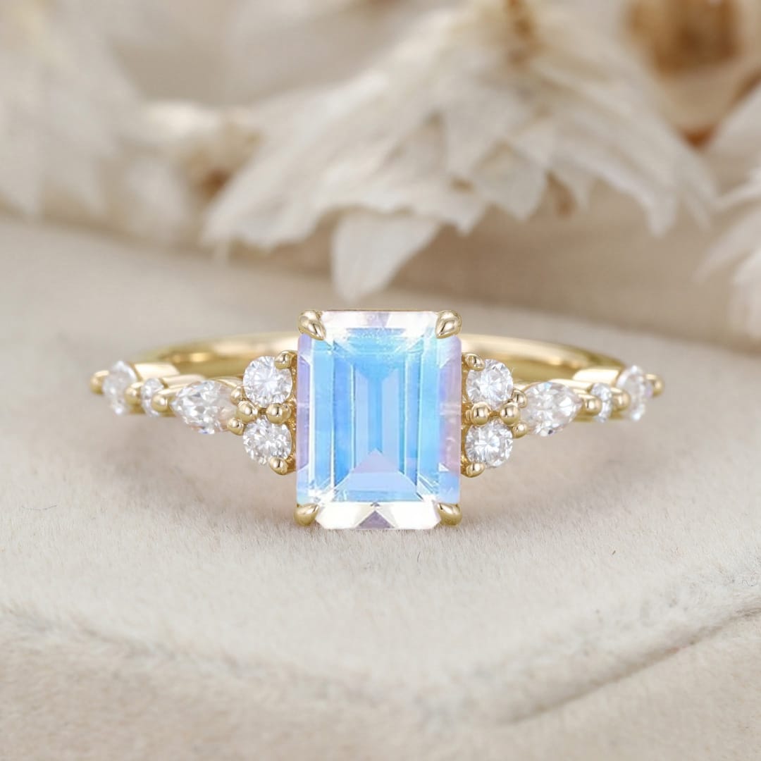 Emerald Cut Moonstone Engagement Ring Vintage 14K Solid Gold Marquise Diamond Cluster Ring Art deco Promise Gift For Her