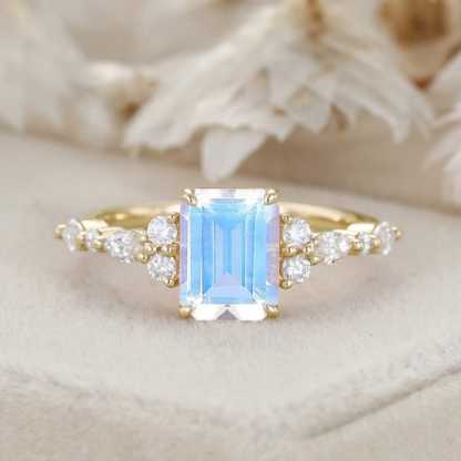 Emerald Cut Moonstone Engagement Ring Vintage 14K Solid Gold Marquise Diamond Cluster Ring Art deco Promise Gift For Her