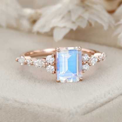 Emerald Cut Moonstone Engagement Ring Vintage 14K Solid Gold Marquise Diamond Cluster Ring Art deco Promise Gift For Her