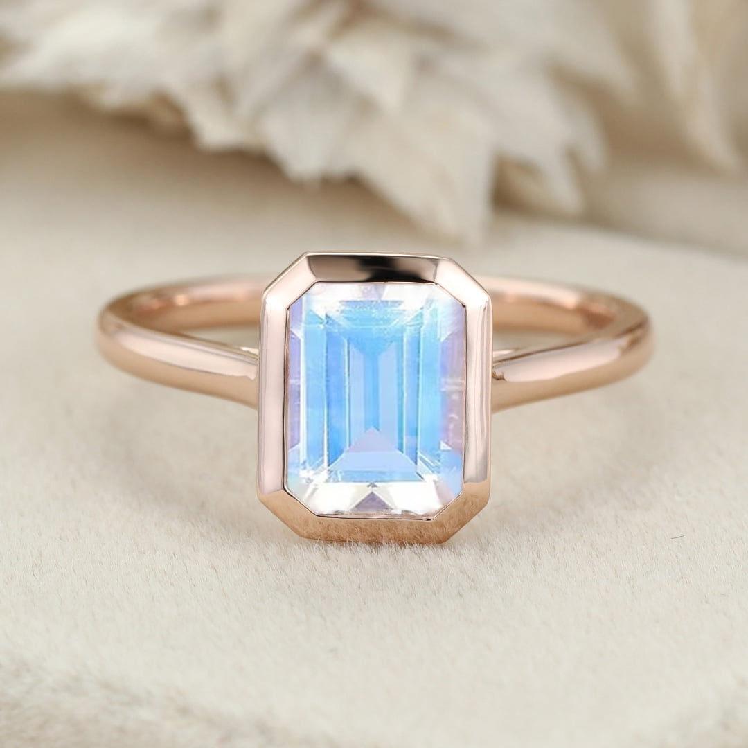 Emerald Cut Natural Moonstone Engagement Ring 14K Rose Gold Bezel Moonstone Ring Solitaire Ring June Birthstone Ring Gift For Women