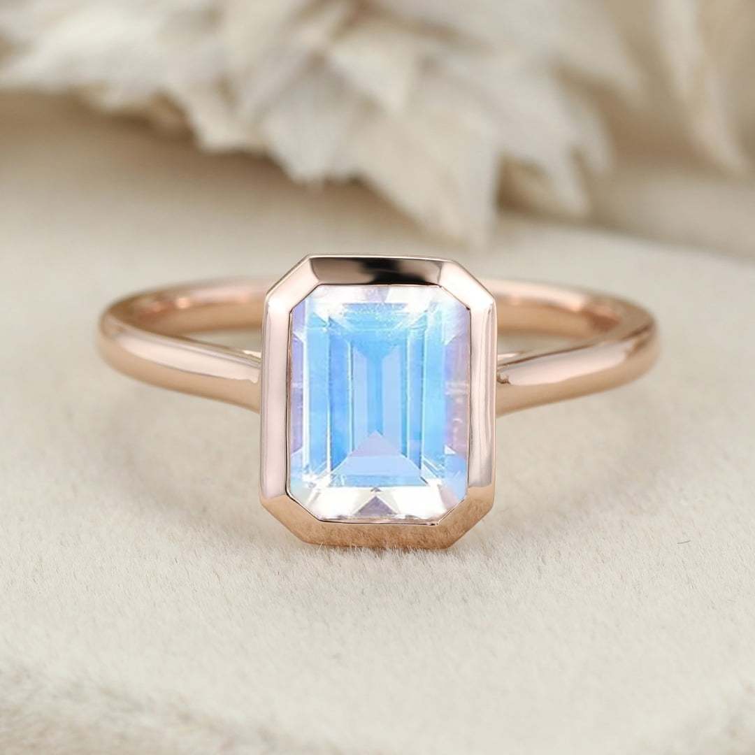 Emerald Cut Natural Moonstone Engagement Ring 14K Rose Gold Bezel Moonstone Ring Solitaire Ring June Birthstone Ring Gift For Women