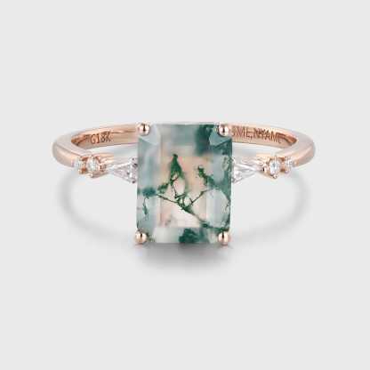Emerald Cut Natural Moss Agate Engagement Ring 14K Rose Gold Ring Unique Kite Cut Diamond Wedding Ring Art Deco Anniversary Gift