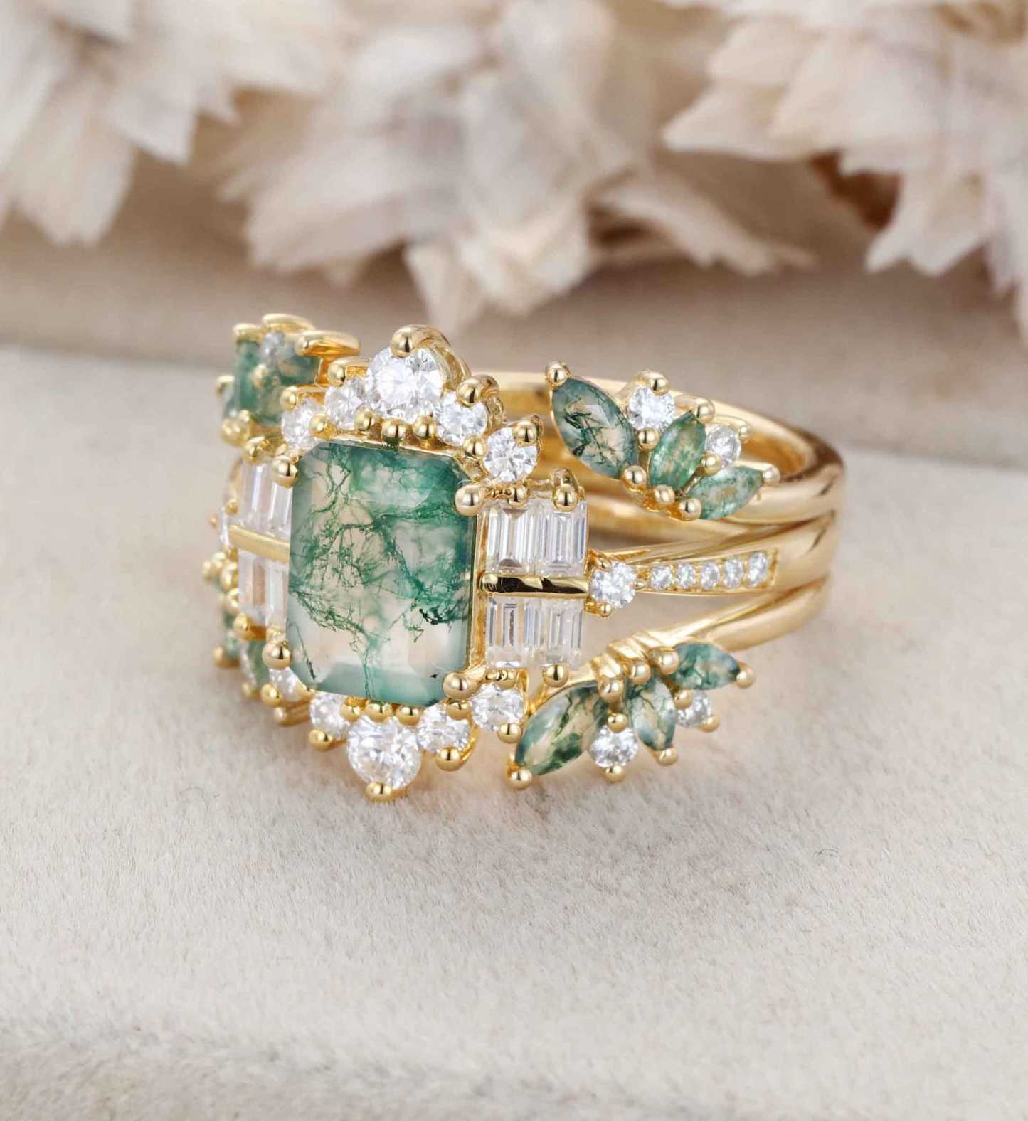 Emerald Cut Natural Moss Agate Engagement Ring Set Rose gold Bridal Set Ring Unique Promise Cluster ring double curved band anniversary gift