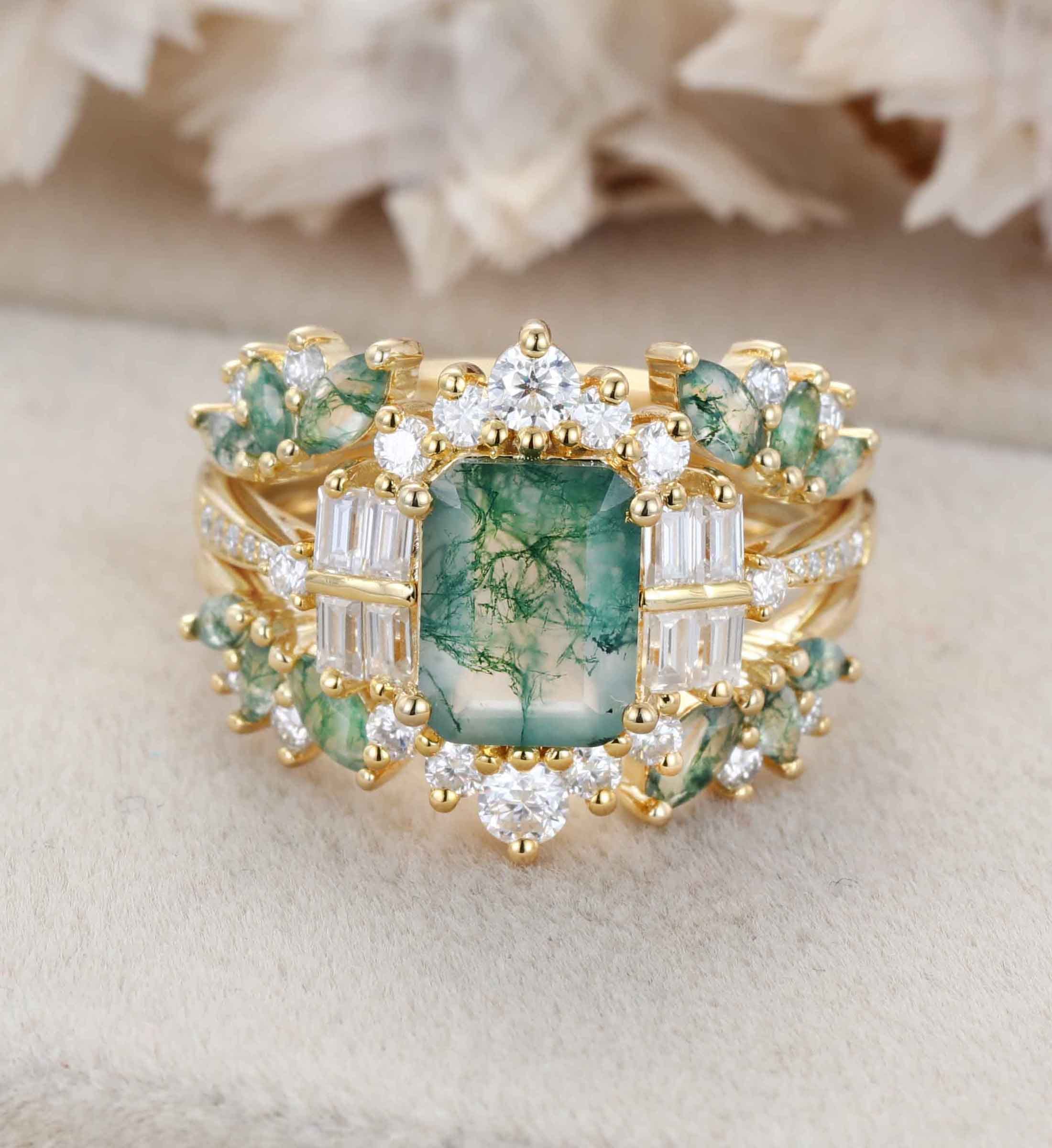 Emerald Cut Natural Moss Agate Engagement Ring Set Rose gold Bridal Set Ring Unique Promise Cluster ring double curved band anniversary gift