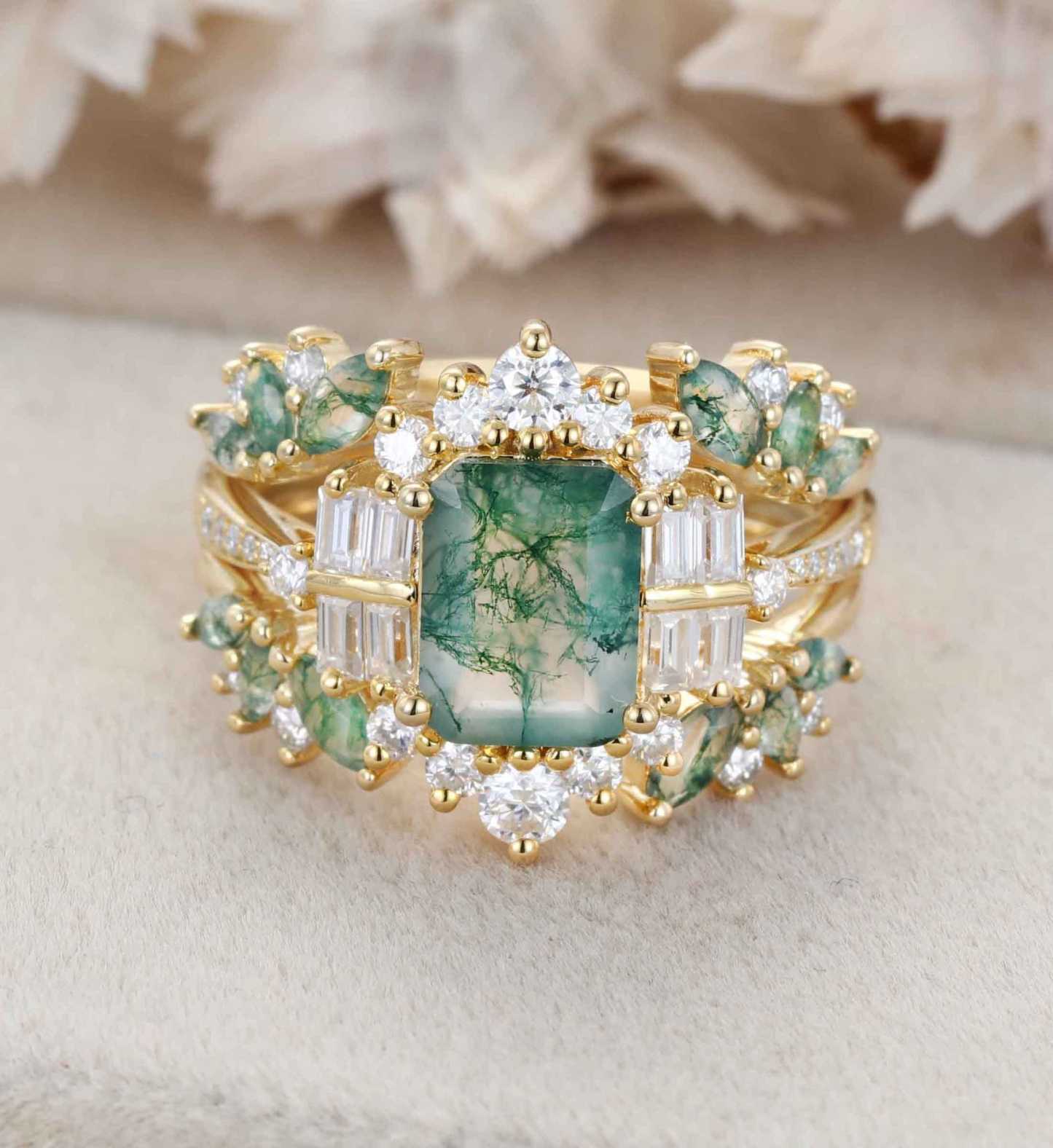 Emerald Cut Natural Moss Agate Engagement Ring Set Rose gold Bridal Set Ring Unique Promise Cluster ring double curved band anniversary gift