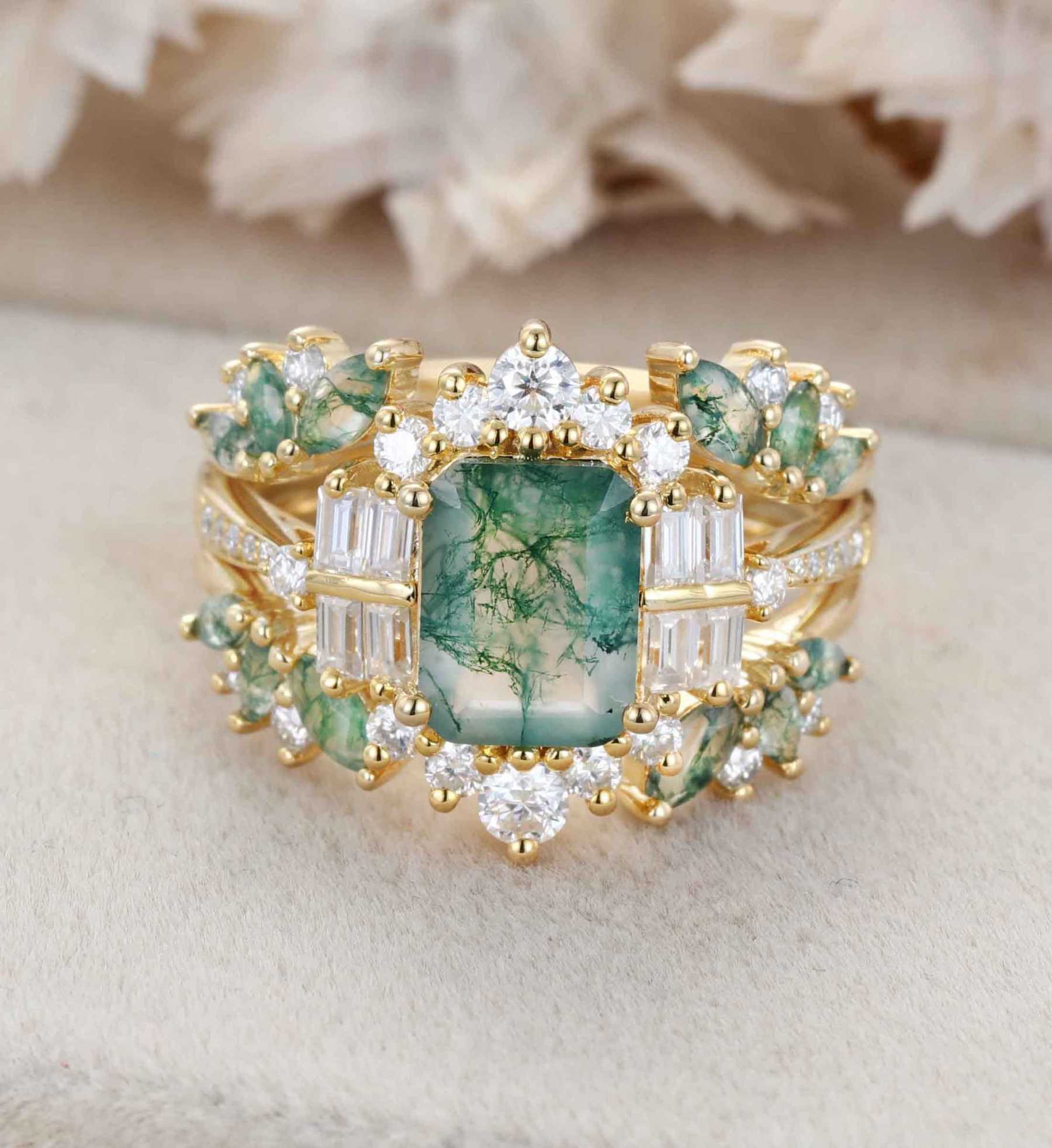 Emerald Cut Natural Moss Agate Engagement Ring Set Rose gold Bridal Set Ring Unique Promise Cluster ring double curved band anniversary gift